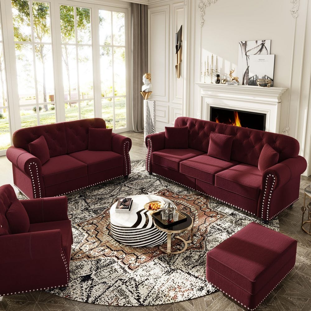 82.6 in. Rolled Arm Velvet Sofa in Burgundy with Nailhead Trim,Rolled Armrests,6 Seats and 1 Ottoman price history on PriceWatchPro