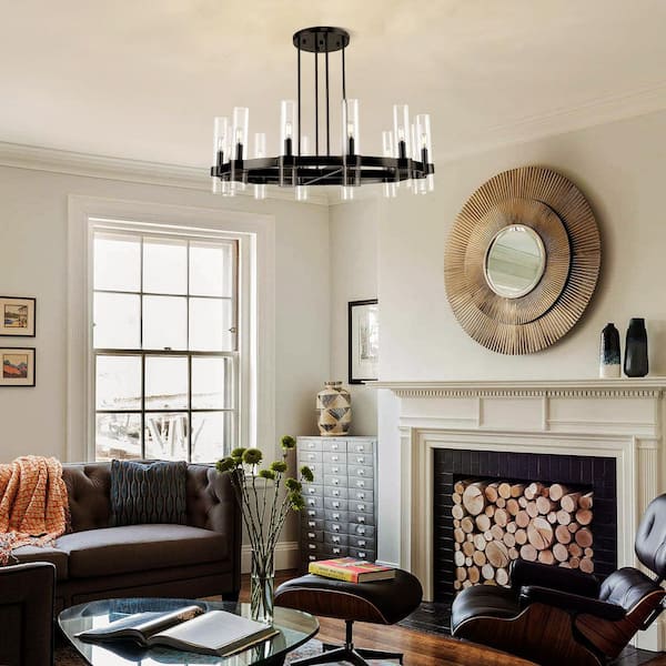 36 in. 12-Light Black Wagon Wheel Chandelier with Glass Tube, Round Industrial Kitchen Island Chandelier, for Foyer