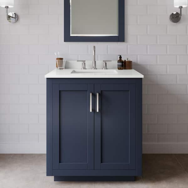 Wyndham Collection Miranda 30 in. W x 22 in. D x 33.75 in. H Single Bath Vanity in Dark Blue with White Quartz Top and 24 in. Mirror