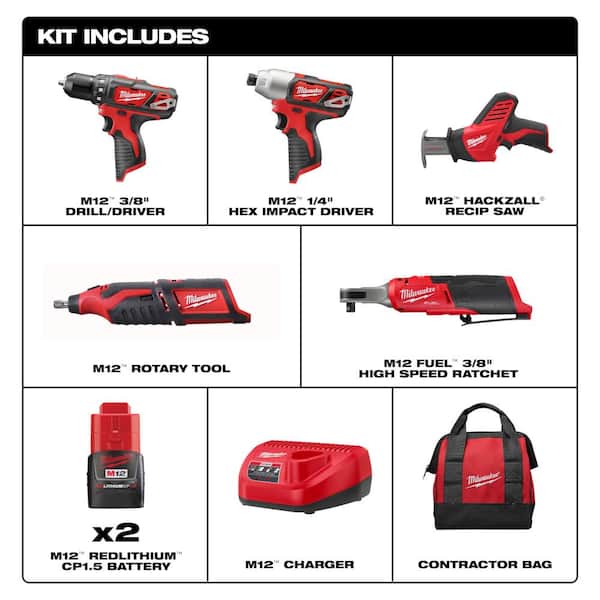 M12 12V Li-Ion Cordless 4-Tool Combo Kit w (2) Compact 1.5Ah Batteries, Charger and M12 FUEL High Speed 3/8 in. Ratchet