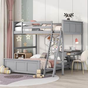 Gray Wood Frame Full over Full Bunk Bed with Built-in Desk and 2-Drawer, Movable Lower Bed, Sloping Ladder