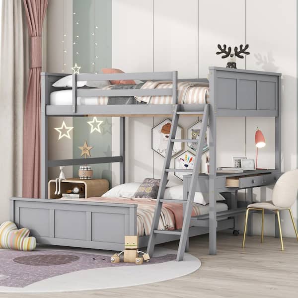Harper & Bright Designs Gray Wood Frame Full over Full Bunk Bed with Built-in Desk and 2-Drawer, Movable Lower Bed, Sloping Ladder