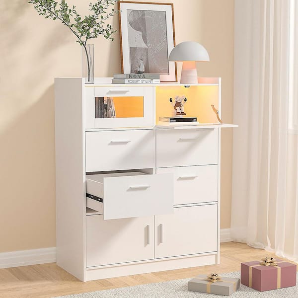 White 6-Drawers 15.7 in. Dresser with Adjustable LED Lights, Tabletop with Charge Station, for Entryway Living Room
