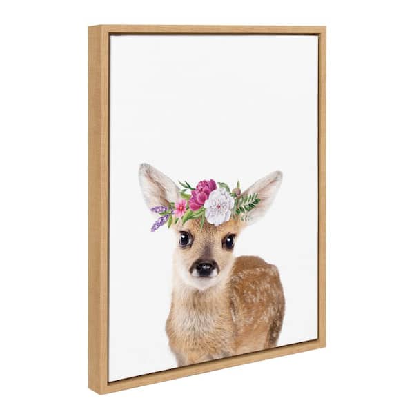 Kate and Laurel Sylvie Flower Crown Fawn Framed Canvas by Amy Peterson Art Studio (Set of 1) Animal Art Print 18.00 in. x 24.00 in.