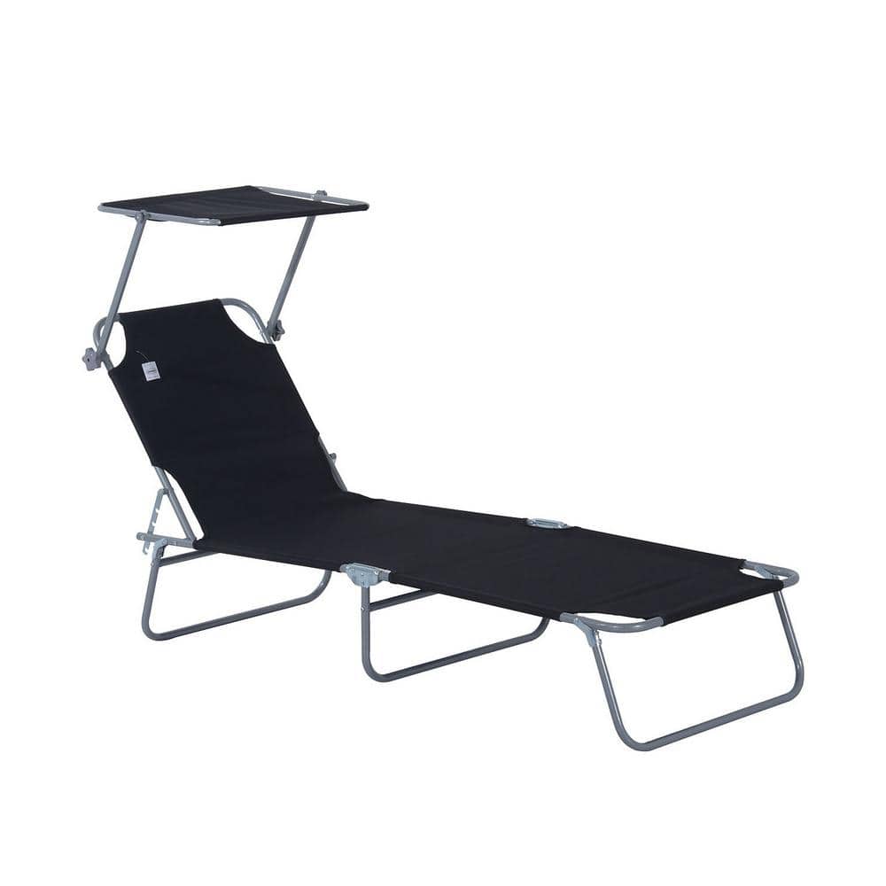 Black Outdoor Adjustable Folding Lounge Chair, Tanning Chair with Sun Shade