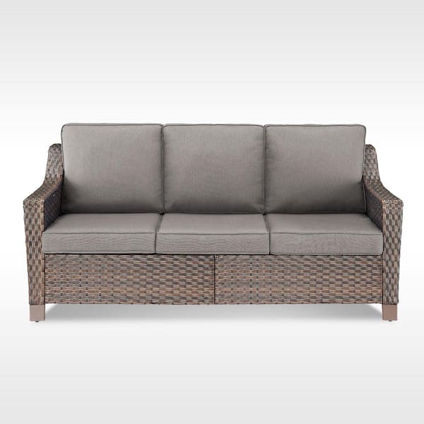 SlideArm Metal and Brown Wicker Outdoor 3-Seat Sectional Couch Sofa with Olefin Gray Cushions