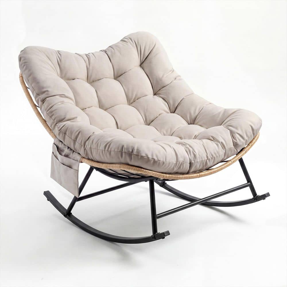 Yellow Durable Rope PE Rattan Wicker Black Alloy Steel Outdoor Rocking Chair with Gray Cushions for Backyard price history on PriceWatchPro