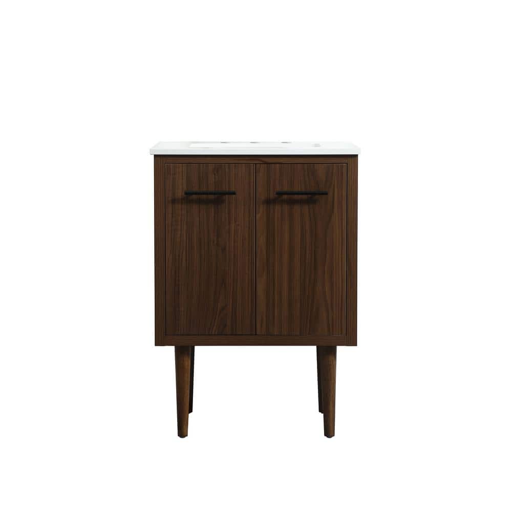 Simply Living 24 in. W x 19 in. D x 33.5 in. H Bath Vanity in Walnut with Ivory White Quartz Top, Brown