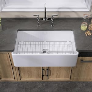33 in. Apron Front Single Bowl Fireclay Farmhouse Kitchen Sink White With Bottom Grid and Strainer