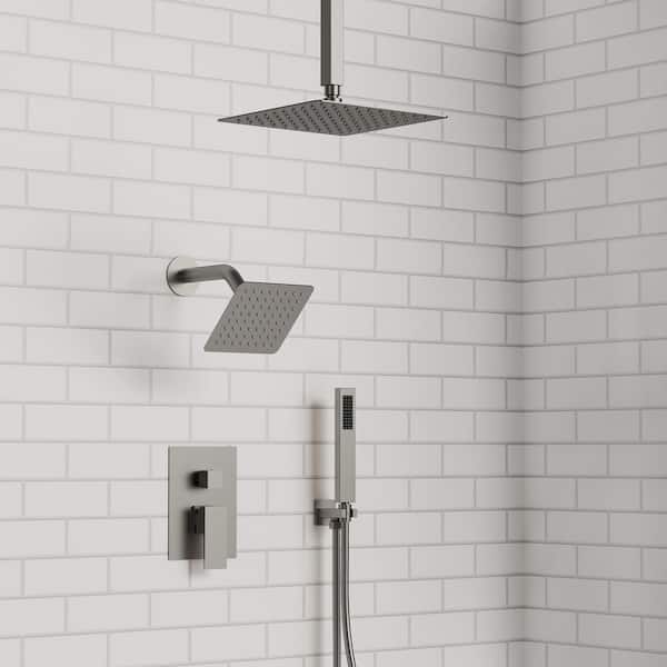 GRANDJOY 10&6 in. Dual Square Shower Heads Double Handle 3-Spray Tub and Shower Faucet 2.5 GPM in Brushed Nickel Valve Included