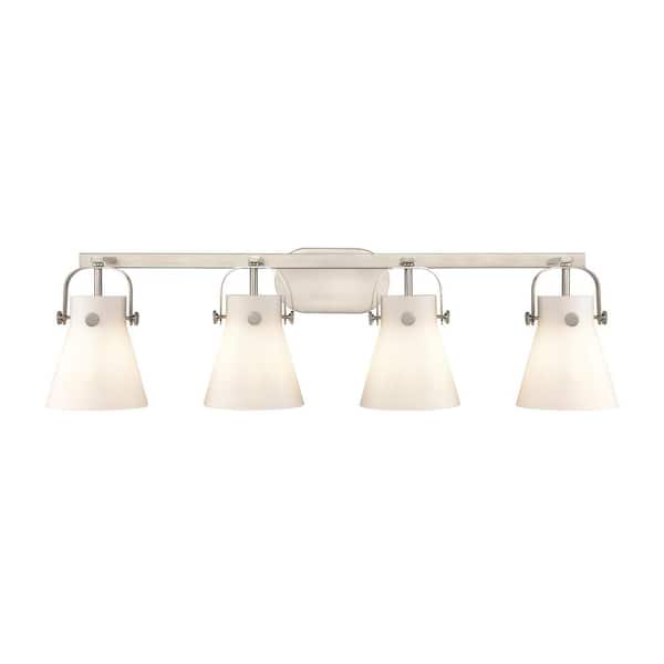 Innovations Pilaster II Cone 36.5 in. 4-Light Satin Nickel Vanity Light with Glass Shade