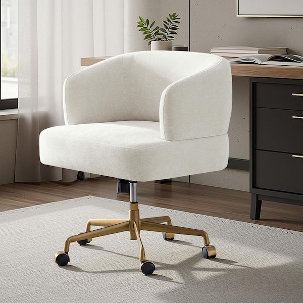 Janet Polyester Swivel Office Chair in Ivory with Curved Armrests