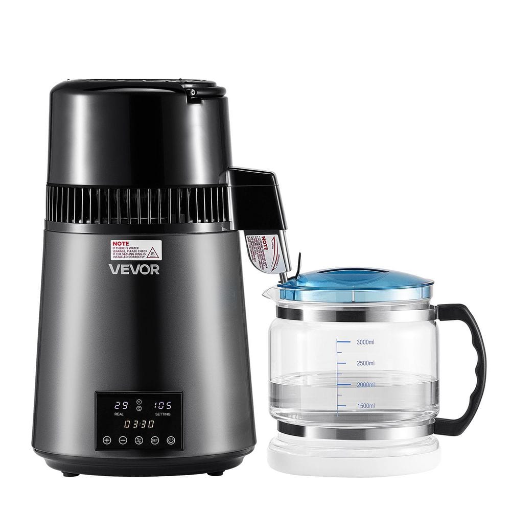 VEVOR 4L 1.1 Gal. Water Distiller, Countertop Pure Water Purifier with Glass Container, 1750W Stainless Steel Interior, Grey