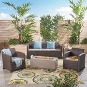 Mercier 5-Piece Faux Wicker Outdoor Patio Fire Pit Conversation Set with Mixed Beige Cushions