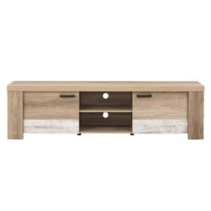 Joliet 71 in. Distressed Warm Beige and White Duotone Wood TV Stand Fits TVs Up to 80 in. with Storage Doors