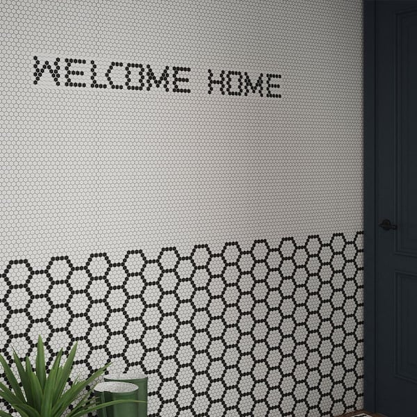 Take Home Tile Sample - Welcome Mosaic Message White 2 in. x 6 in. Matte Glass Mosaic