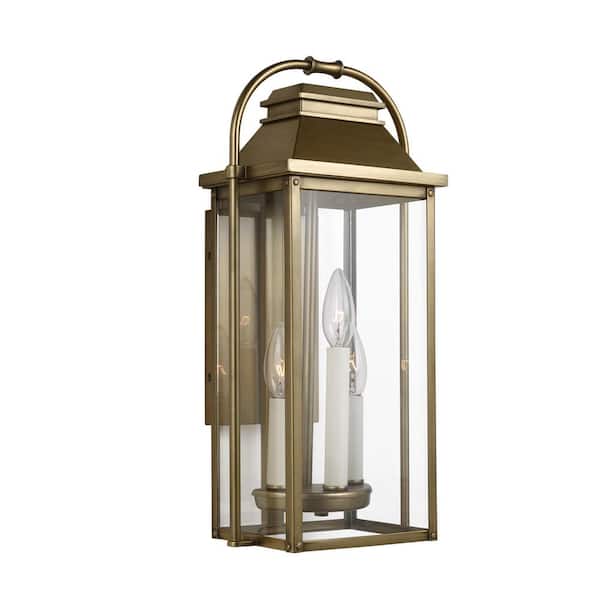 Wellsworth 18.25 in. 3-Light Painted Distressed Brass Outdoor Wall Lantern Sconce