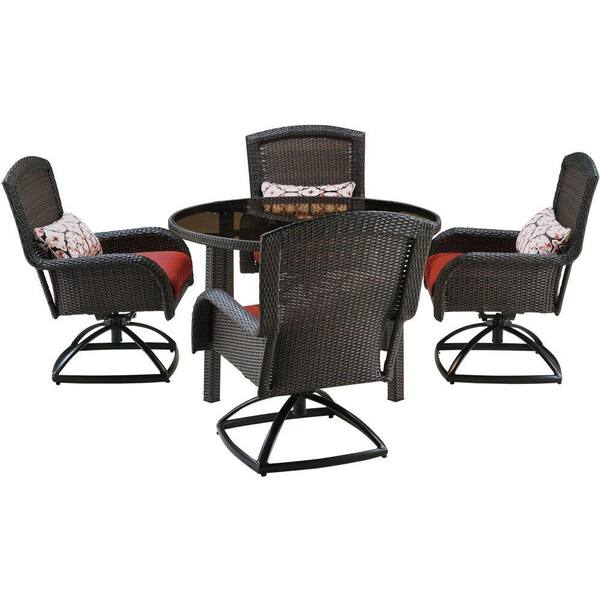 Hanover Strathmere 5-Piece All-Weather Wicker Round Patio Dining Set with Four Swivel Chairs and Crimson Red Cushions