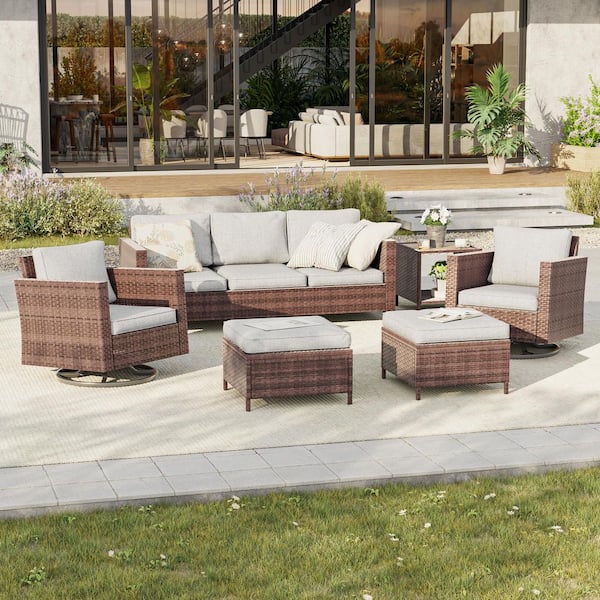 Sonkuki 6-Piece Patio Conversation Set Brown Wicker with Swivel Rocking Chair and Side Table, Linen Grey