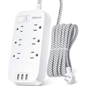 Wall Mounted 6-Outlet Power Strip Surge Protector with 3 USB Ports and 10 ft. Long Flat Plug Extension Cord in White