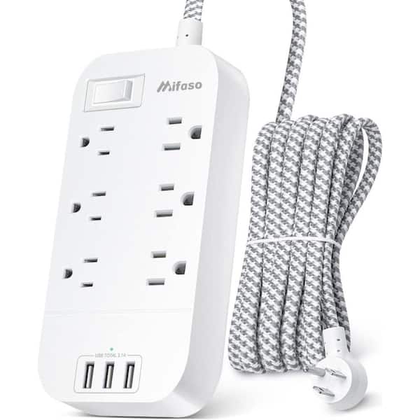Etokfoks Wall Mounted 6-Outlet Power Strip Surge Protector with 3 USB Ports and 10 ft. Long Flat Plug Extension Cord in White