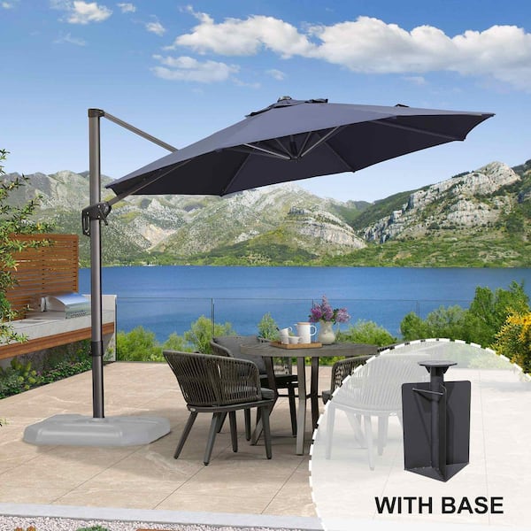 PURPLE LEAF 10 ft. Octagon Aluminum Outdoor Patio Cantilever Umbrella 360-Degree Rotation Umbrella with Base in Ground, Navy Blue
