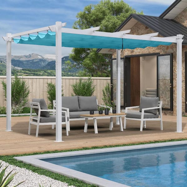PURPLE LEAF 10 ft. x 13 ft. Turquoise Blue Aluminum Outdoor Retractable Pergola with Sun Shade Canopy Cover White Patio Shelter
