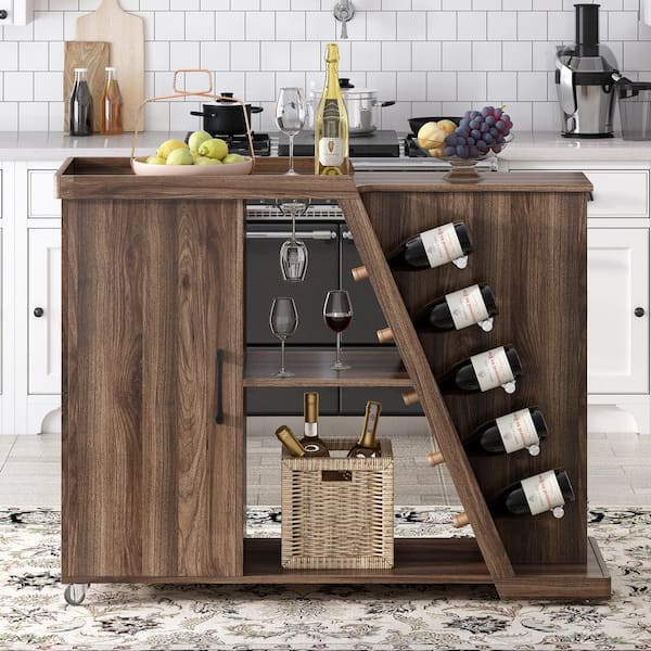 Tileon Particle Board Brown Kitchen Island Cart with Adjustable