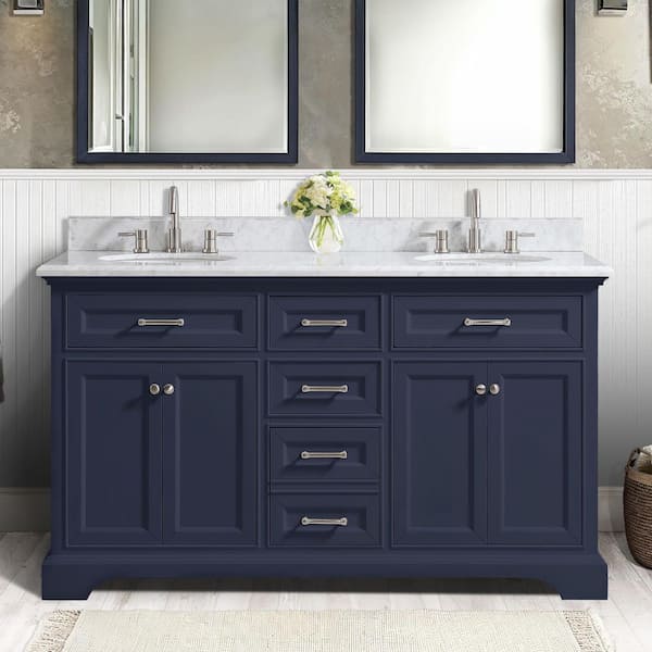 Home Decorators Collection Windlowe 61 in. Double Sink Navy Blue Bath Vanity with White Carrara Marble Top (Assembled)