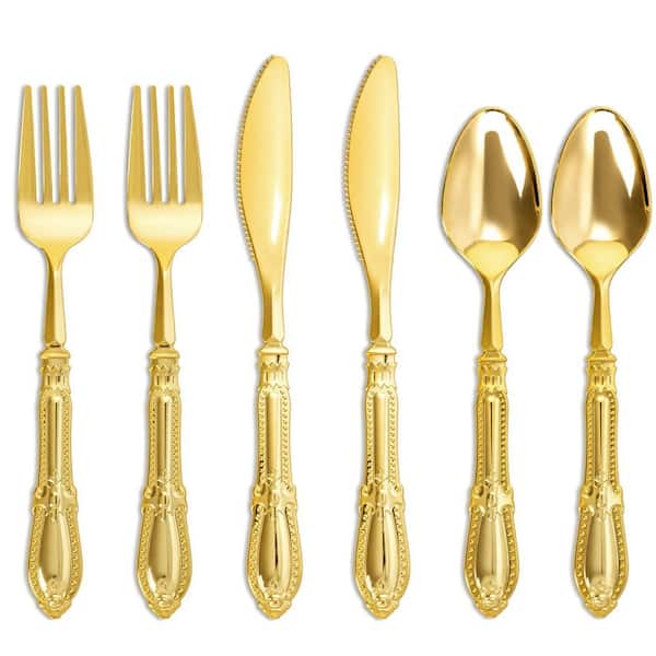 150-Piece Gold Plastic Disposable Cutlery Set with Forks, Spoons, and Knives