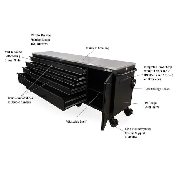 Husky 108 in. W x 24 in. D 9-Drawer Heavy-Duty Mobile Workbench with Stainless Steel Top in Matte Black