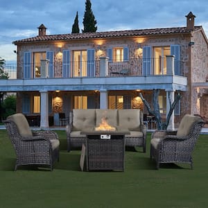 Carolina Brown 4-Piece Wicker Patio Fire Pit Seating Set with Gray Cushions