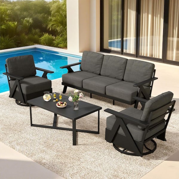 4-Piece Aluminum Patio Conversation Set with with Gray Cushions and Coffee Table