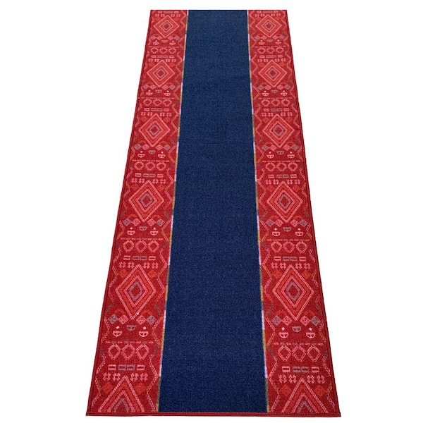 PLAYA RUG Southwestern Bordered Navy&Red Color 31 in. Width x Your Choice Length Custom Size Roll Runner Rug/Stair Runner