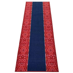Southwestern Bordered Navy&Red Color 31 in. Width x Your Choice Length Custom Size Roll Runner Rug/Stair Runner