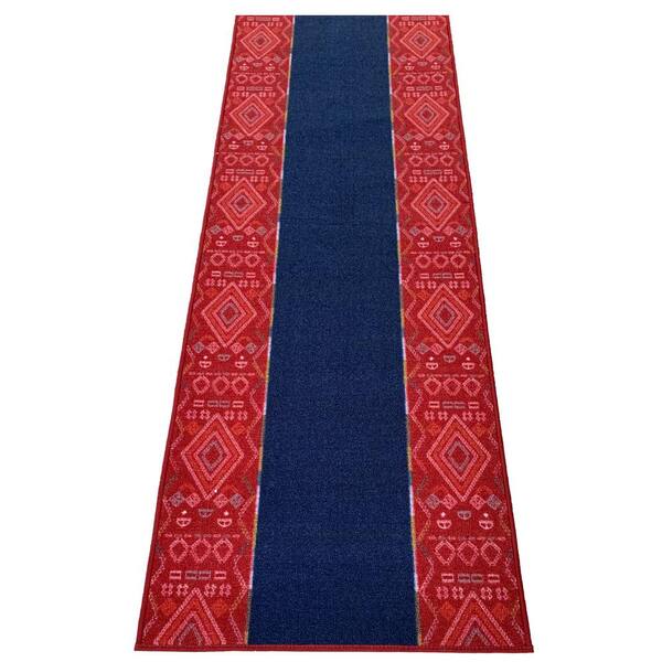 Unbranded Southwestern Bordered Navy&Red Color 31 in. Width x Your Choice Length Custom Size Roll Runner Rug/Stair Runner