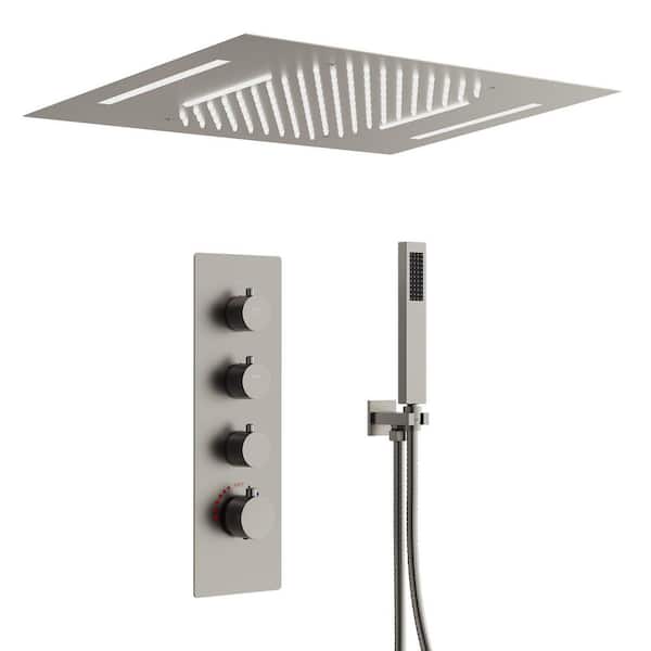Full Spectrum LED 7-Spray Ceiling Mount 23 in. x 15 in. Dual Fixed & Handheld Shower Head w/ Waterfall in Brushed Nickel