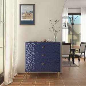 Blue 3-Drawer Wood Nightstand with Tapered Support Legs