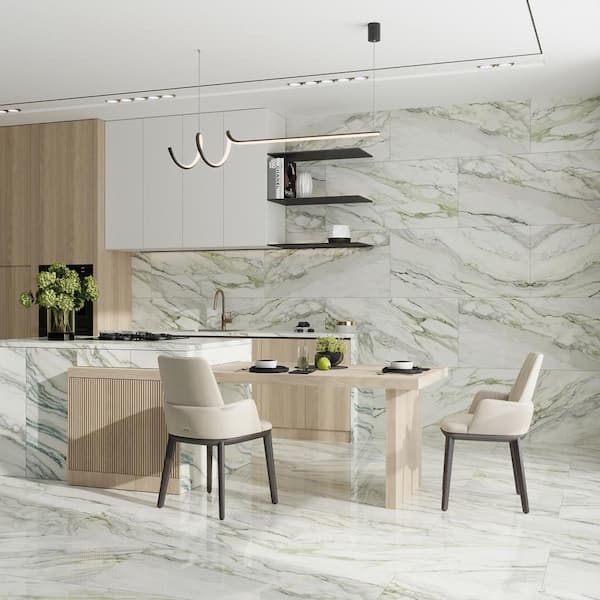 Splendor 24 in. x 48 in. Polished White with Sage Green Vein Porcelain Wall and Floor Tile (15.42 sq. ft./case)-2 Pack
