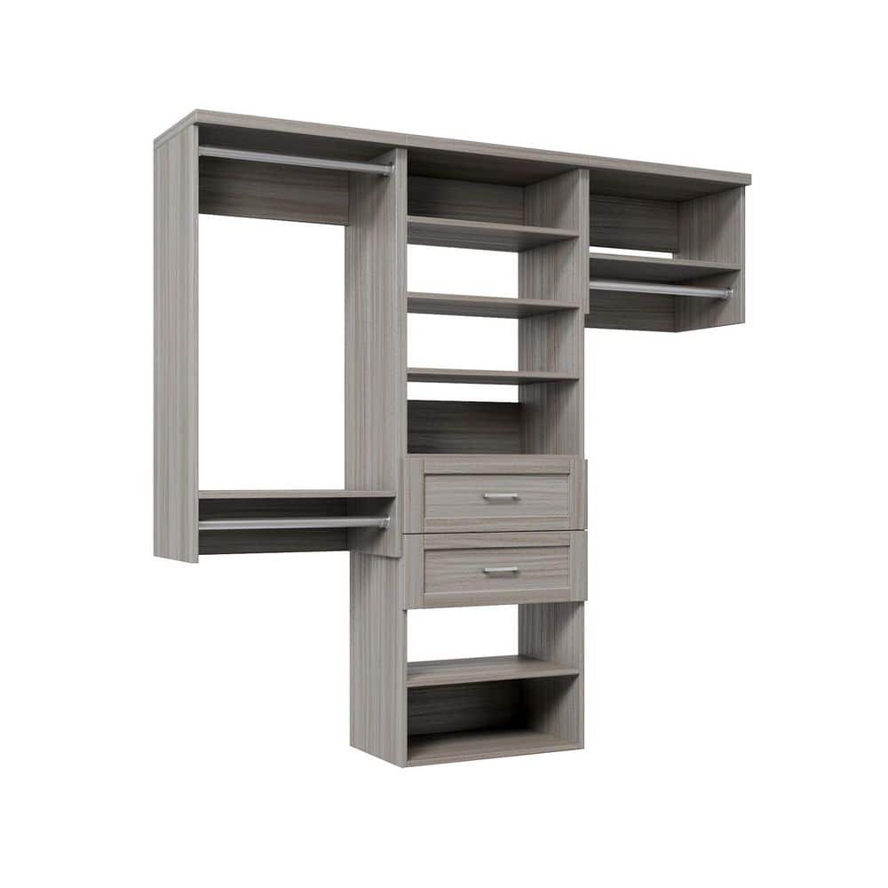 58.5 in. W Grey Oak Reach-in Wall-Mount 3-Rod 2-Shaker-Drawers 7-Shelf Wood Closet System