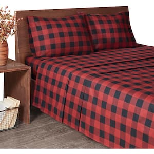 Cotton Flannel 4-Piece Red/Black Buffalo Check Cal King Sheet Set