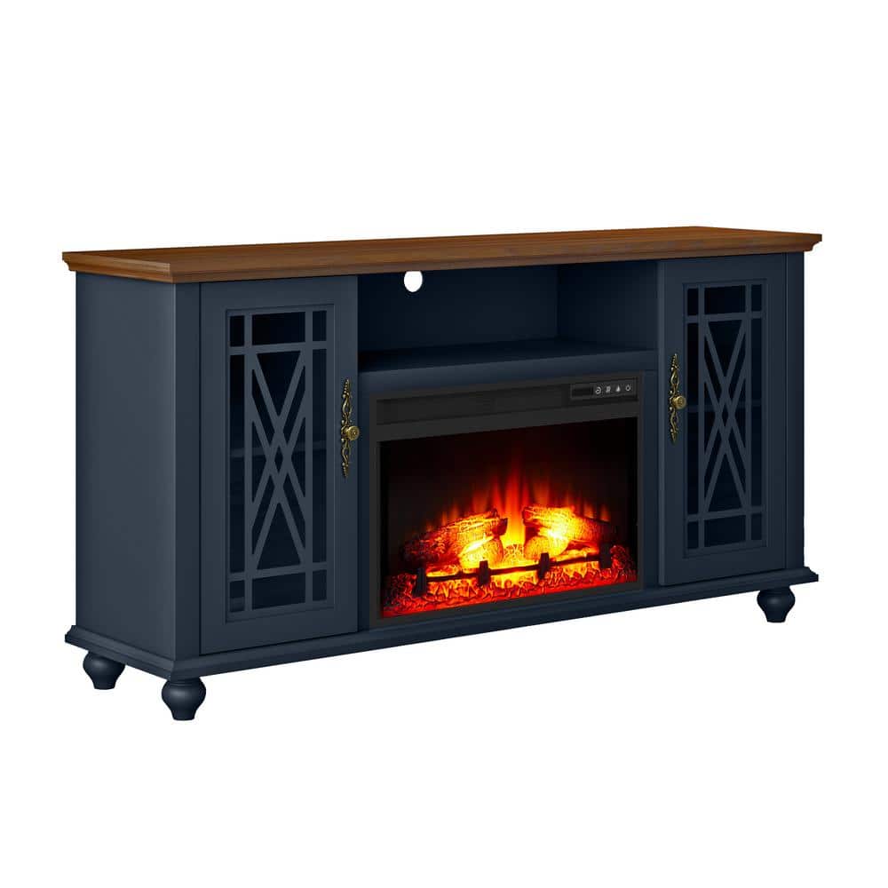 Navy and Natural Wood 62" TV Stand with Fireplace