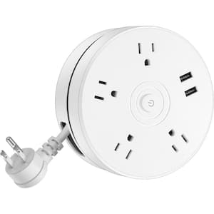 6 ft. White Retractable Extension Cord Power Strip Portable 4 Outlets 2 Smart USB Ports Fast Charge with Detachable Hook