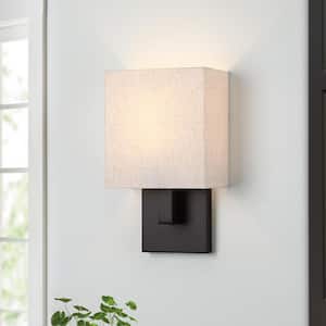 Celina 7 in. 1-Light Bronze Wall Sconce Light With Oatmeal Fabric Shade