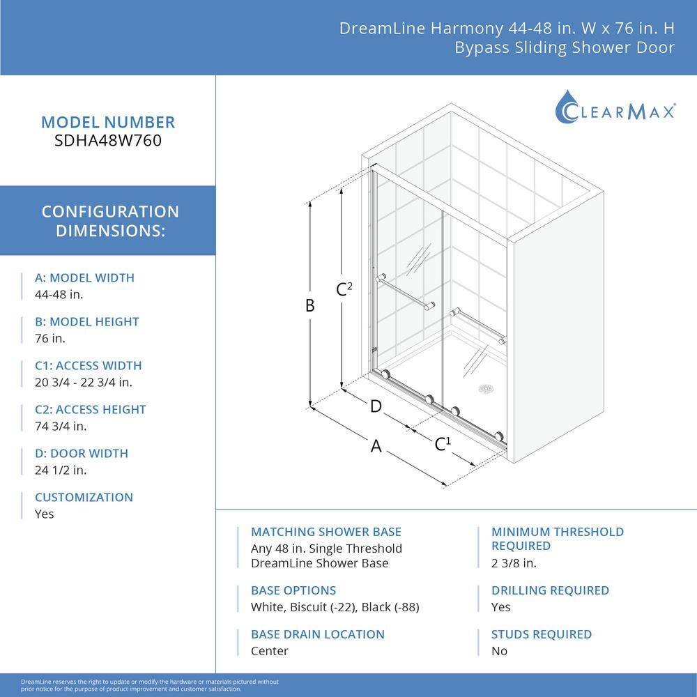 Harmony 48" x 76" Brushed Nickel Semi-Frameless Shower Door
