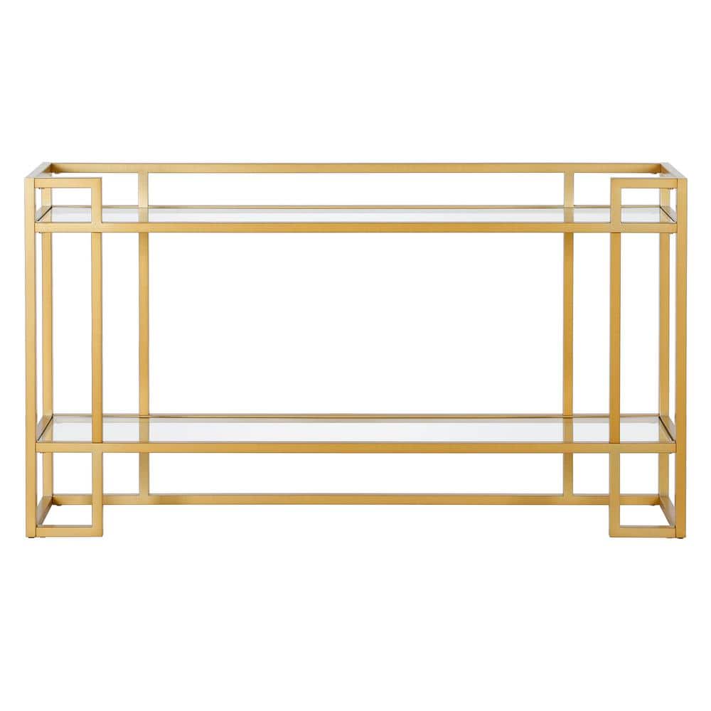 Art Deco-Inspired Brass Console Table with Tempered Glass Shelf