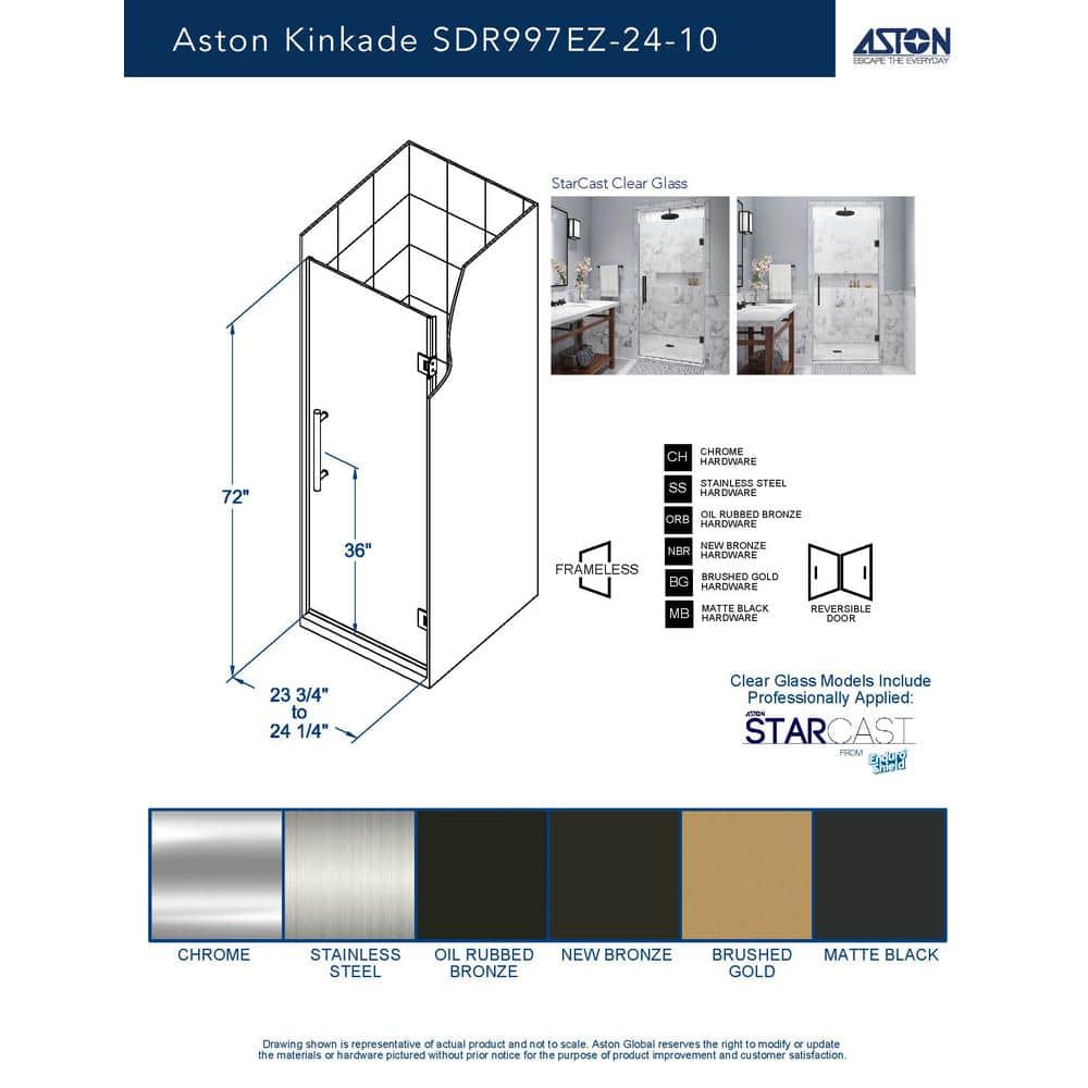 Kinkade 24" x 72" Frameless Clear Tempered Glass Shower Door