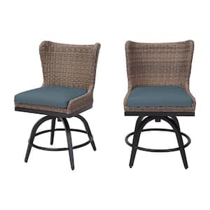 Hazelhurst Brown Wicker Outdoor Patio Swivel High Dining Chairs with Sunbrella Denim Blue Cushions (2-Pack)