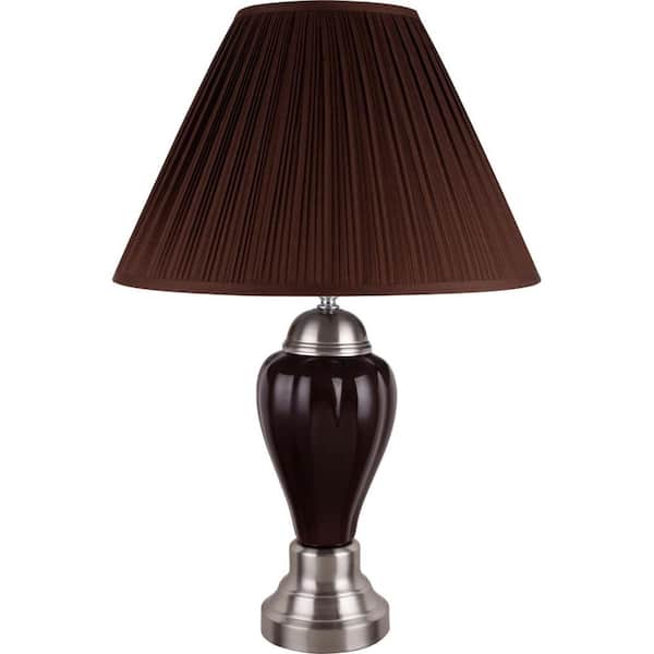 HomeRoots 27 in. Brown Ceramic Standard Light Bulb Bedside Table Lamp with Brown Linen Shade