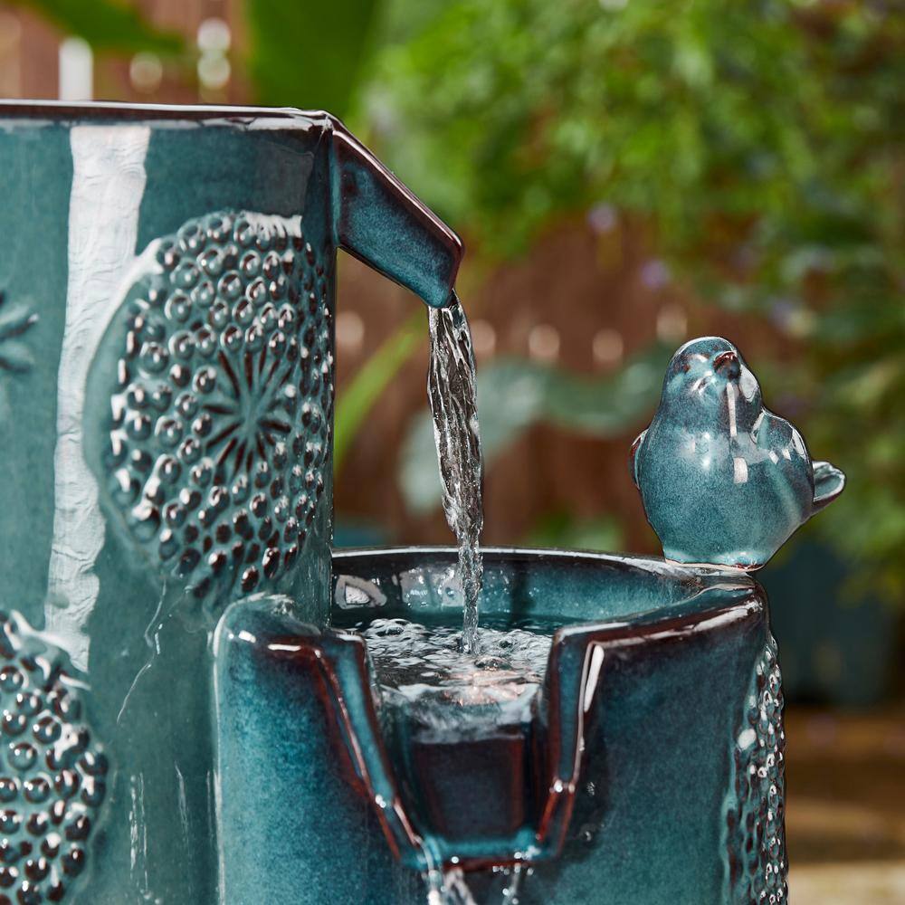 31.75" Turquoise Ceramic 4-Tier Outdoor Fountain with Birds and LED Lights